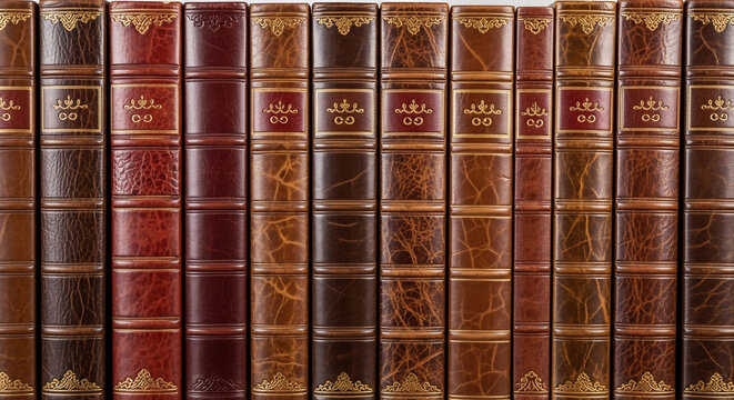 Classic leather-bound books with ornate spines lined up