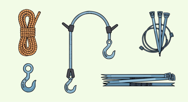 Explore essential rigging equipment rope hooks and zip ties for securing and fastening solutions today vector