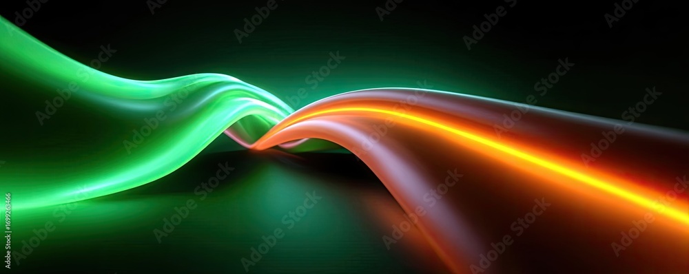 Poster modern neon data waves abstract backdrop concept. abstract neon waves in green and orange colors flo