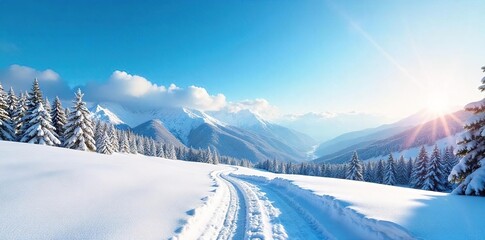Serene winter landscape under a vibrant blue sky Crystal-clear air, snow-covered ground, and distant hills bathed in sunlight Perfect for winter wonderland themes , stunning, quiet, frozen