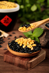 Mixed Black and Yellow Soybeans in Wooden Bowl - Healthy Grains and Legumes Ingredients