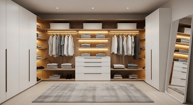 Modern Walk-in Closet Design with Warm Lighting and Ample Storage