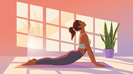 Woman doing yoga pose stretching at home in sunlight for wellness and healthy lifestyle illustration art