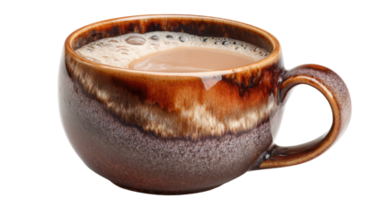 Close-up of a ceramic mug filled with a light brown beverage.  The mug has a warm, mottled brown and gray design