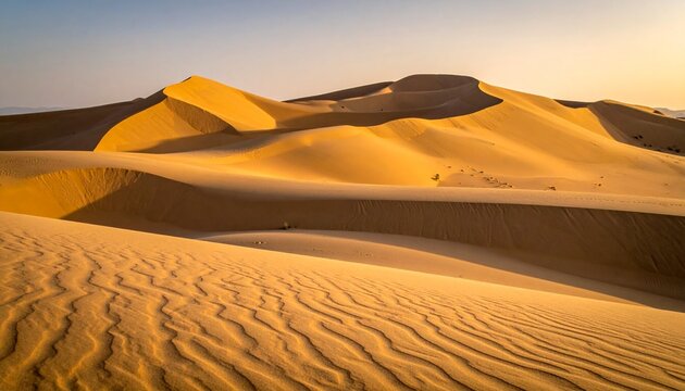 Golden sand dunes ripple across a vast desert landscape under a warm, sunny sky.