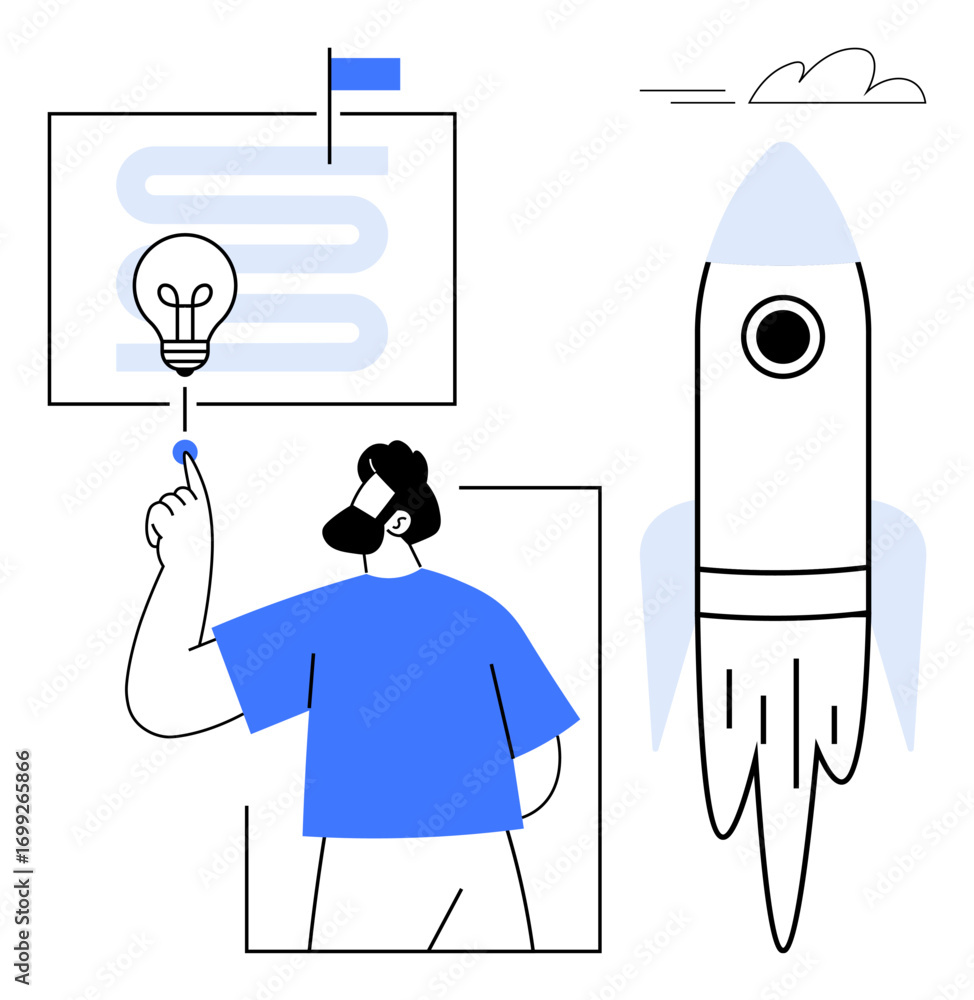 Poster man pointing at a lightbulb with a flowchart and flag in the background beside a rocket. ideal for i