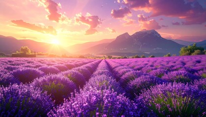 A breathtaking lavender field in full bloom at sunset, with rolling hills and mountains silhouetted against a colorful sky.