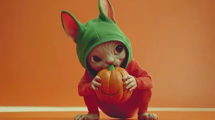 Acrylglasbilder Tierarzt Cute creature in green hood holding small pumpkin against orange backdrop  © jirasin