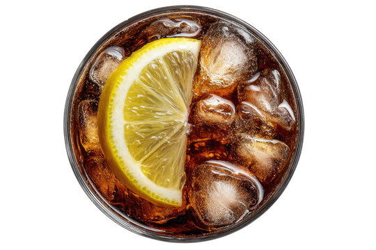 Top-down view of a glass of cola with ice and lemon