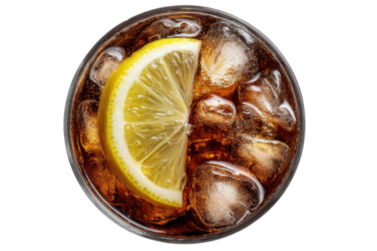 Top-down view of a glass of cola with ice and lemon