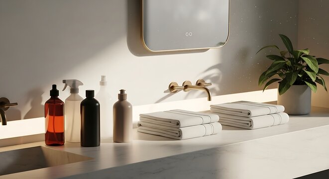 Minimalist Bathroom Essentials: A well-lit, clean bathroom scene showcases an array of carefully arranged toiletries, folded towels, and modern fixtures, embodying the essence of calm and comfort.