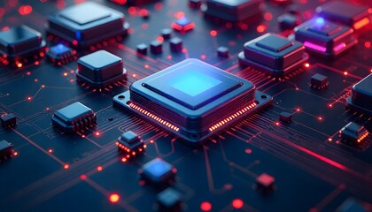 Abstract 3D technology shapes with metallic textures and light reflections, dynamic composition, modern tech feel .