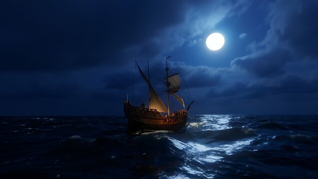 Sailing ship on the open sea under a full moon with dark dramatic clouds - Powered by Adobe