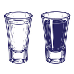 Hand drawn illustration of two filled and empty shot glasses in blue color