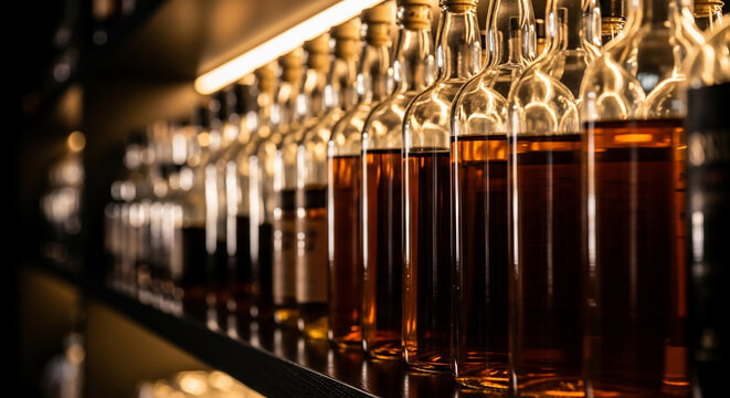 Illuminated amber liquid bottles on dark shelf