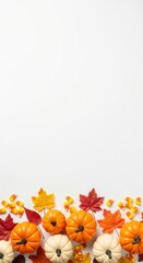 Autumnal Harvest Scene Pumpkins Candy Corn and Fall Leaves on White Background