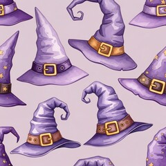 Watercolor Halloween Witch Hats Seamless Pattern Purple Stars Magic Festive Design