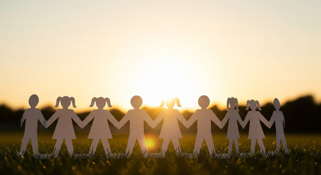 Paper Cut Out People Holding Hands at Sunset