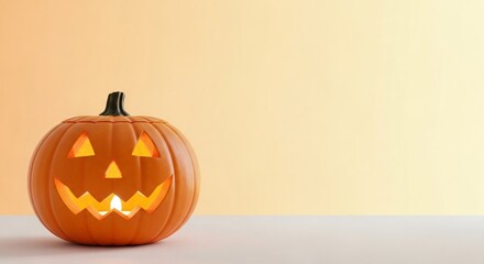 Illuminated Jack o lantern Halloween Pumpkin on Pastel Background Autumn Festive Decoration