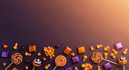 Halloween Candy Flat Lay Spooky Sweets Lollipops Chocolate Candy Corn Border