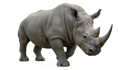 Fototapeta premium 力強い白犀牛 正面ショット 自然光輝く (Chikara tsuyoi shirorhino shomen shotto shizen hikari kagayaku) Translation: Strong white rhinoceros, front shot, natural light shines.. AI Generated