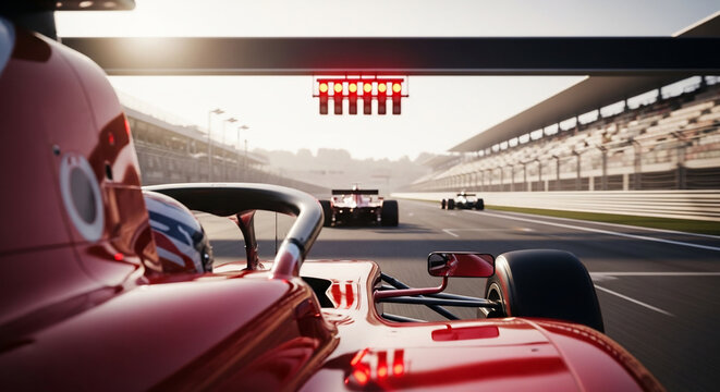 Red Racing Car on Track at Start Line, Red Lights Illuminated