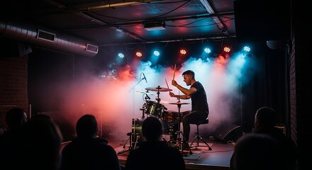 Rhythmic Symphony: A passionate drummer performs on stage, illuminated by dynamic lighting and embraced by an enthusiastic audience, capturing the pulsating energy of a live concert.