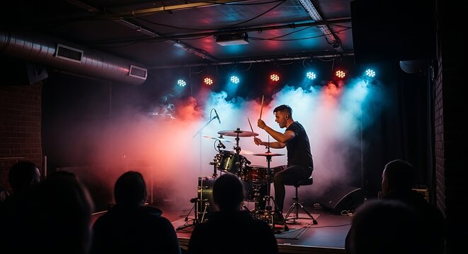 Rhythmic Symphony: A passionate drummer performs on stage, illuminated by dynamic lighting and embraced by an enthusiastic audience, capturing the pulsating energy of a live concert. - Powered by Adobe
