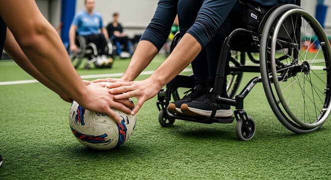 Inclusive Football Game: A vibrant display of inclusivity, with players of diverse abilities actively engaged in a fast-paced football game, symbolizing the power of teamwork, determination.
