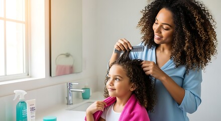 Cherishing Moments: A tender moment unfolds as a mother gently combs her daughter's hair, framed by the soft glow of natural light.