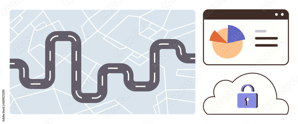 Poster curved road over a map background, pie chart dashboard, and cloud with lock icon. ideal for navigati