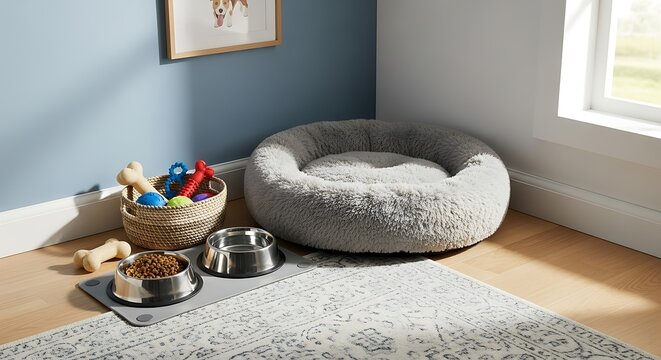 Cozy Corner for Companion: A well-appointed corner caters to the needs of a beloved companion, showcasing a plush pet bed, along with essentials like food bowls and engaging toys.