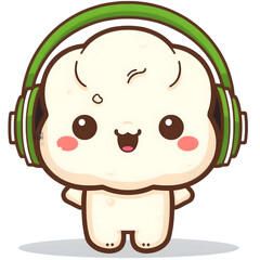 Cute cauliflower with headphones, DJ style, bright white and green cartoon kawaii illustration.