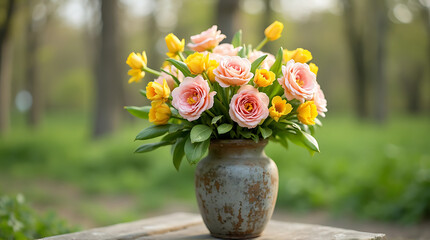 Elegant bouquet of pink roses and yellow tulips in rustic vase, capturing nature's beauty with