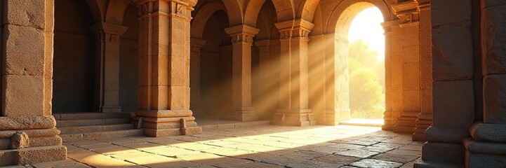 Serene sunlit temple interior, ancient stone architecture bathed in spiritual light, peaceful atmosphere, architectural detail, meditation space , zen, serene