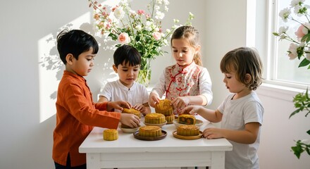 幸せな子供たち 温かい光の中 月餅を囲む. AI Generated