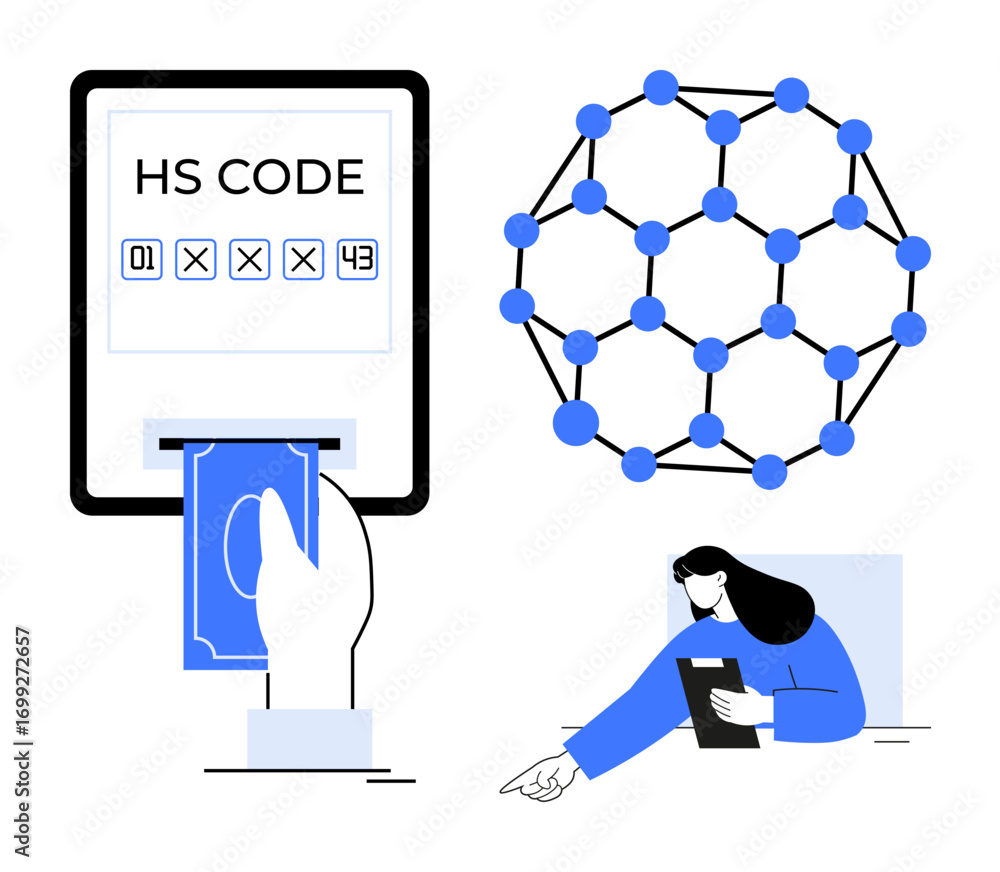 Poster digital payment system entering hs code, blockchain structure representation, professional analyzing