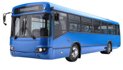 Full shot of a bright blue city bus