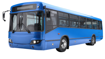 Full shot of a bright blue city bus