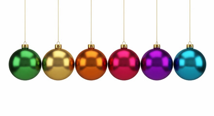 Six colorful hanging ornaments on white background