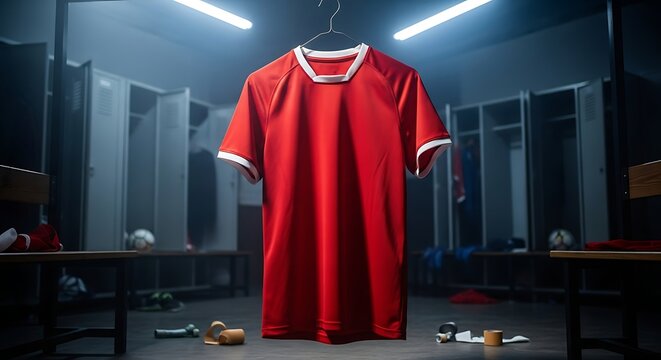 A Moment of Anticipation: A vivid, freshly hung red football jersey awaits its player, capturing the anticipation and energy of the locker room.