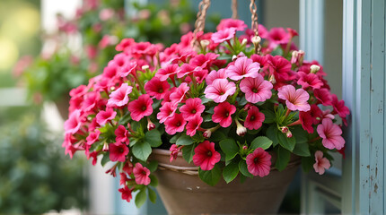 Fototapeta premium Hanging basket overflowing with vibrant petunias brings beauty to the doorstep