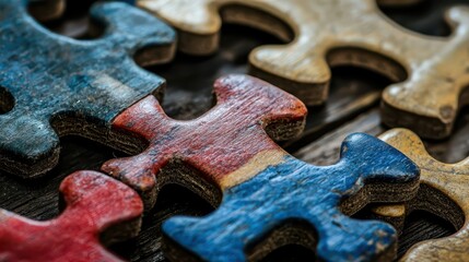 Colorful Puzzle Pieces Resting on a Weathered Wooden Surface