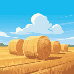 Hay Bales in Field Under Blue Sky Illustration Vector Design Concept for Agriculture