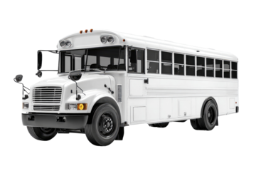 Full frontal view of a white school bus.  Large,  rectangular windows line the side.  Solid white body,  heavy-duty truck chassis