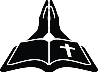 Silhouette of open bible with praying hands and cross symbol