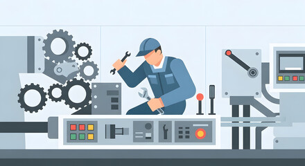 Factory Engineer Flat Illustration with Automated Machinery and Gear System