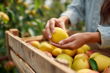 Harvesting fresh ripe mangoes in wooden crate, natural and healthy eating