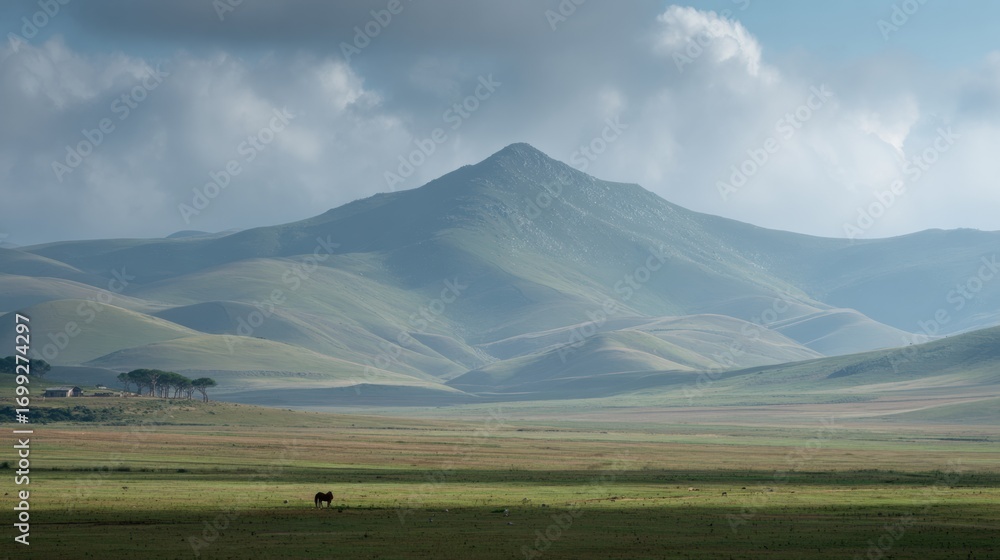 Poster expansive view of rolling hills with a lone cow grazing under cloudy skies in the countryside settin