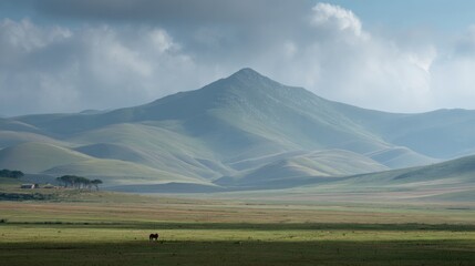 Fototapeta premium Expansive View of Rolling Hills With a Lone Cow Grazing Under Cloudy Skies in the Countryside Setting